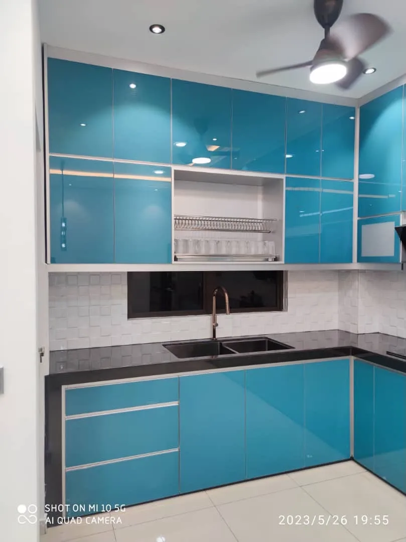 Blue custom kitchen cabinet