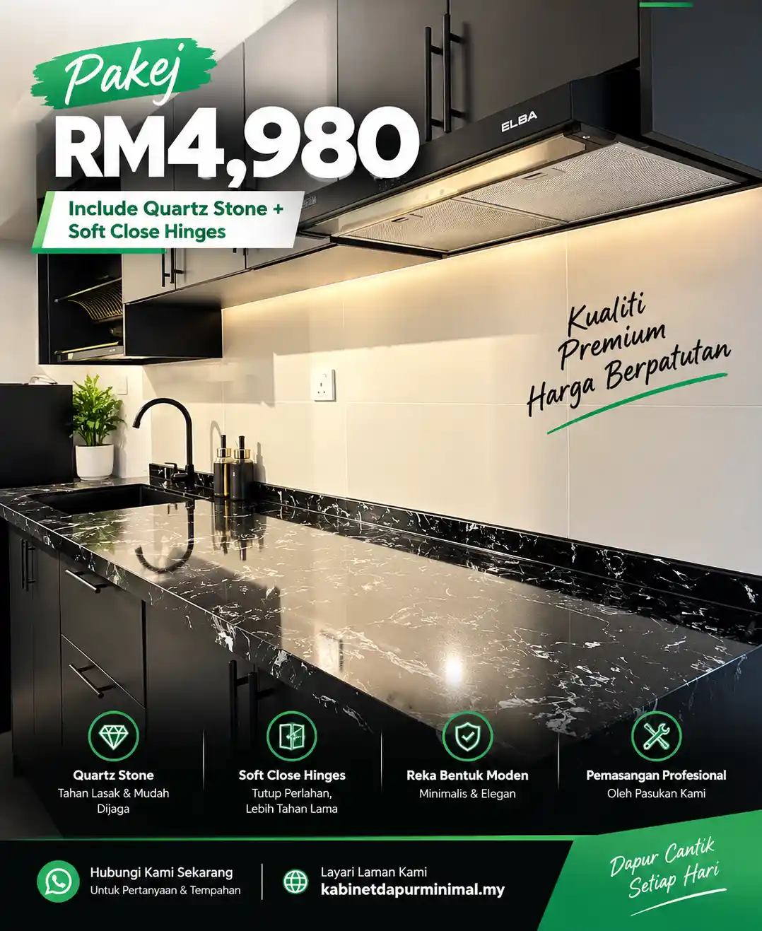 Package Kitchen Basic — melamine kitchen cabinet with quartz countertop